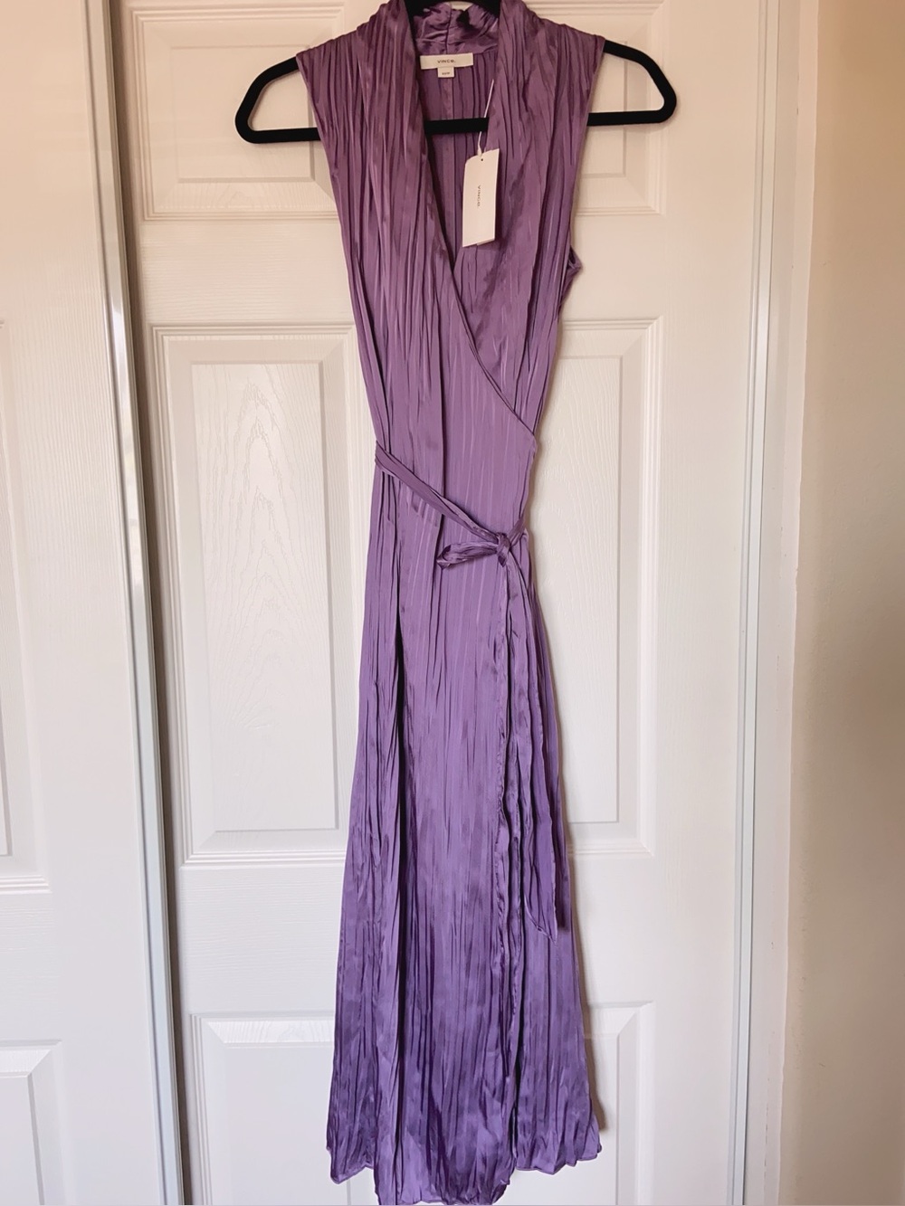 NWT $498 Vince Purple Sleeveless Pleated Satin Wrap Dress XS